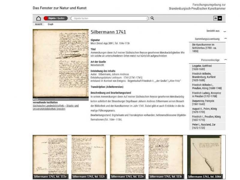 Quellenansicht aus der virtuellen Forschungsumgebung www.berlinerkunstkammer.de, Screenshot